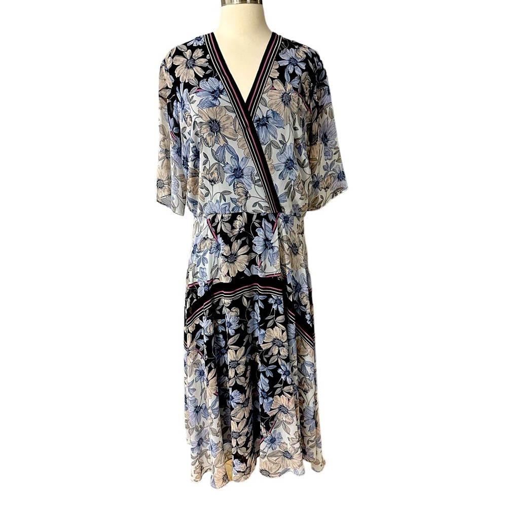 Maison Tara Blue Pink Black Tan Gray Floral Nouveau Chiffon Midi Dress Size 14 - Picture 2 of 12